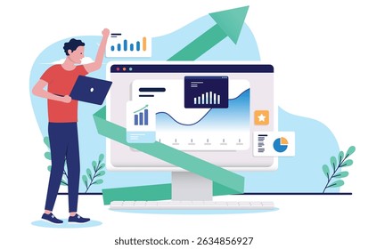 A man celebrates online business success with a laptop and desktop computer displaying growth charts, data analytics, and digital marketing insights. Flat design illustration on white background