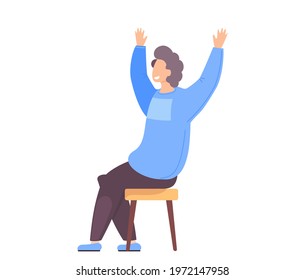 Man celebrates something. Happy guy excited by success. Male character with his arms raised up. Celebration, cartoon sitting surprised man winner makes joyful gesture with his hands side view