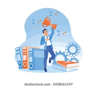 Man celebrates success by holding the trophy. Dancing with the decoration of some documents and ger. Success Business concept. Flat vector illustration.