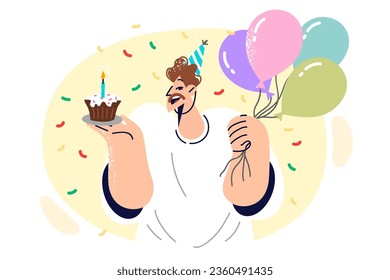 Man celebrating birthday holds piece of cake and balloons, rejoicing at onset of long-awaited anniversary. Happy guy with smile invites friends to birthday and rejoices at attention or wishes svg