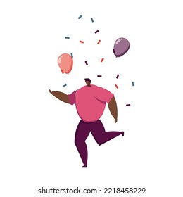 Man celebrating birthday or success. Happy people dancing at party with confetti and balloons, having fun together. For teamwork, celebration, office party concept