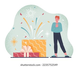 Man celebrating birthday. Young guy looks at colorful gift boxes with joy. Holiday and festival. Greeting and invitation card design. Promotional voucher or coupon. Cartoon flat vector illustration