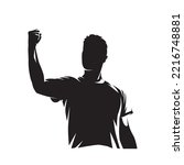 Man celebrating, celebration gesture. Isolated vector silhouette, ink drawing. Soccer player celebrates goal