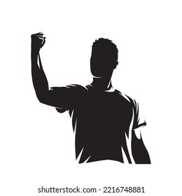 Man celebrating, celebration gesture. Isolated vector silhouette, ink drawing. Soccer player celebrates goal