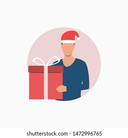 Man celebrating Christmas. Guy in Santa hat holding gift box. Holiday concept. Vector illustration can be used for topics like office party, Xmas, New Year