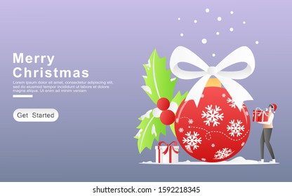 a man celebrating Christmas happily brings gifts for decoration. concept set of ball snowflake ribbon, plant, gift. for landing page, banner, apps, website, frame, UI. Flat cartoon vector illustration