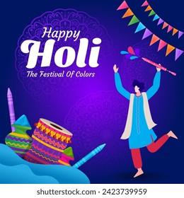 man celebrating colorful happy holi hindu festival background greeting vector