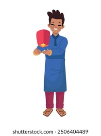 man celebrating diwali festival of india isolated