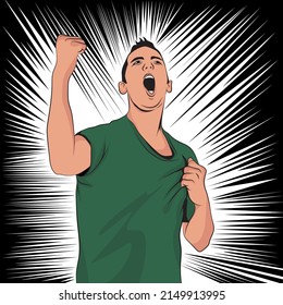 Man celebrating euphorically wearing t-shirt.