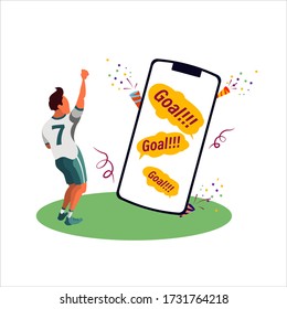 A man is celebrating goal while seeing soccer on a big phone, vector illustration people with big phone