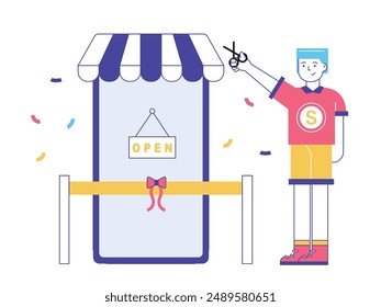 Un hombre está celebrando la gran inauguración de su tienda de comercio electrónico, con unas tijeras para cortar la cinta. Diseño de personajes. Ilustración plana de Vector