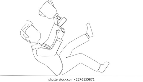 A man celebrating his success got a trophy. Employee appreciation one line drawing