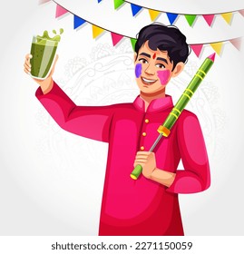 Hombre celebrando el Holi y bebiendo bhang thandai en la ilustración del vector editable del Holi. Vidrio de bhang thandai bebida tradicional india para celebrar Holi. Niño indio asiático con ropa étnica.