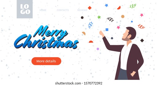 man celebrating merry christmas happy new year winter holidays casual guy having confetti party horizontal greeting card portrait vector illustration