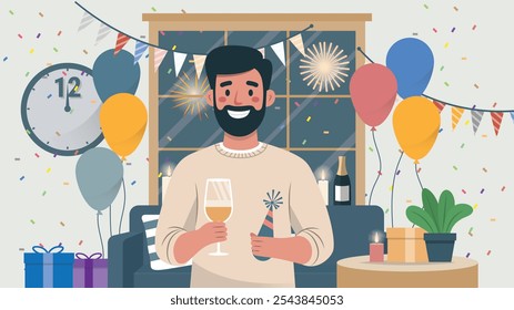 Man celebrating New Year in his apartment, joyful indoor scene with festive decorations, flat vector