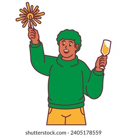 A Man celebrating party holding fireworks and glass of champagne