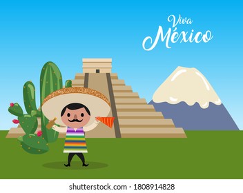 Man celebrating at the pyramid. Mexico independence day celebration horizontal banner. Text in Spanish - Long live Mexico