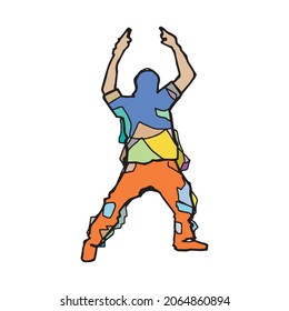 Man celebrating some victory with hands up in the air standing on his feet, hand drawn outline illustration. Human celebrate full body color logo. Person with body gesture of celebrating sign drawing.