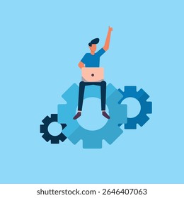 Man Celebrating Success While Using Laptop Surrounded by Gear Elements on a Bright Blue Background