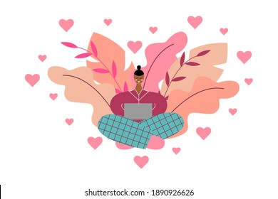 A man celebrating Valentine's Day online due to global pandemic and quarantine. A boy is sitting and texting online with her loved one on Valentine's Day with plants on white background.