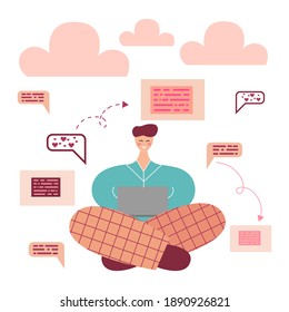 A man celebrating Valentine's Day online due to global pandemic and quarantine. A boy is sitting and texting online with her loved one on Valentine's Day. Vector illustration for websites.