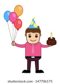 Man Celebration with Cake and Balloons - Cartoon Business Character