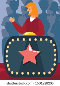 Man Celebrity Talent Show Judge Watching Performing On Stage Judging Contestants Pressing Button On Desk With Colorful Stars. Tv Reality Show Entertainment Industry. Cartoon Flat Vector Illustration