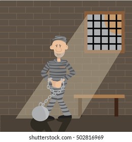 the man in the cell in handcuffs. through the grating the incident light beam. vector illustration of cartoon