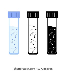Symbol-Set für menschliche Zellen. Fertilisation und Gentests in Röhren. Spermien, Spermatozoon, flache Vektorgrafik. Konzept des menschlichen sexuellen Fortpflanzungssystems. Poster für Labor, Klinik und Bildung.