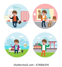 Man with cell phone in different negative and positive situations. Flat design collection. Man carrying boxes, crossing road, sitting with coffee at the park, tourist taking selfie 