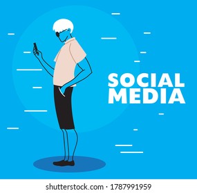 man with cell phone in hand checking social networks vector illustration design