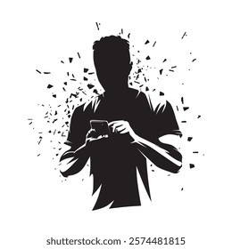 Man with cell phone in hands, front view, isolated vector silhouette with dispersion effect. Social networks