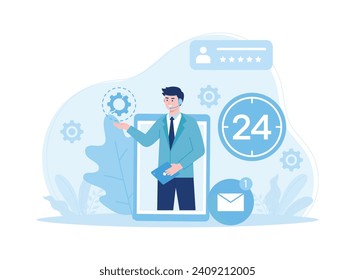man in cell phone showing customer support management trending concept flat illustration