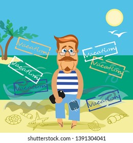 A man with a cell phone is standing against the background of the ocean, palm trees, flying seagulls. Around the sands are seashells. Cartoon character on vacation. Vector illustration