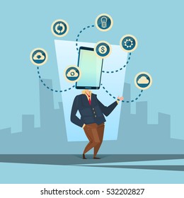Man Cell Smart Phone Head Social Network Communication Flat Vector Illustration