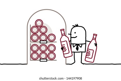 man in cellar & bottles of wine