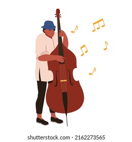 Mann mit Cello-Instrument, Vektorgrafik. Cartoon-Männchen-Kontrabass-Spieler in Hut, Straßenmusiker der Jazzband, die Bassviol hält, um akustische musikalische Melodie auf Live-Konzert einzeln auf Weiß zu spielen