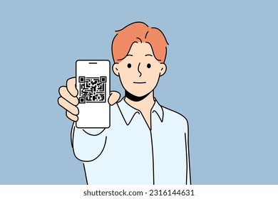 Hombre con teléfono celular mostrando código QR en la pantalla de gadget. Un tipo muestra código de acceso digital en un smartphone. Tecnología y realidad virtual. Ilustración vectorial. 