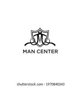 Man center modern logo, letter M symbol, shield illustration.
