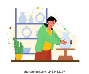 Man with ceramic potter. Man in studio and workshop with vase. Creativity and art. Ceramist with handmade and handicraft dishware. Flat vector illustration isolated on white background