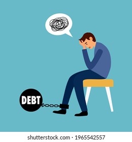 Man with chain bound leg credit debt financial problem. Young man worried about debt and loan concept.