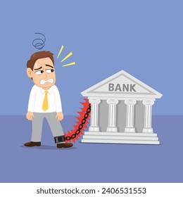 Man chained to the bank debt on loan. Debt concept. illustration vector cartoon.