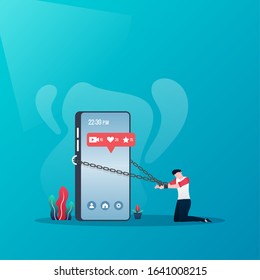 man chained and bent down to a big smart phone social networks addiction metaphor. vector illustration