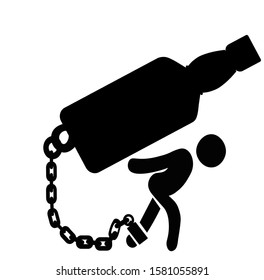man chained to a big bottle of whiskey drink. Alcoholic addicted to alcohol . Flat style concept vector illustration isolated on white. 