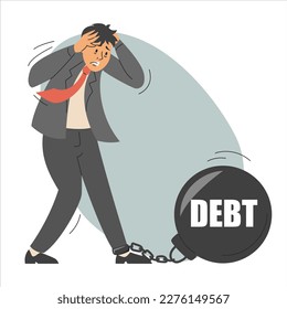Man chained to a big debt weight vector isolated. Businessman in panic sad male character in suit.