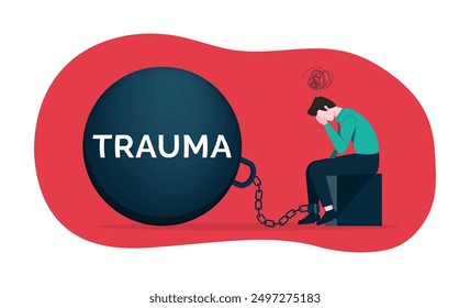 A man chained to a burden of trauma. Psychological burden, alone in pain and suffering. Trauma as a heavy weight in life