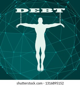 Man chained to debt word. Dependency metaphor. Molecule And Communication Background. Connected lines with dots.