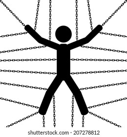 A man is chained from his hands and legs. It is a stick figure vector. 