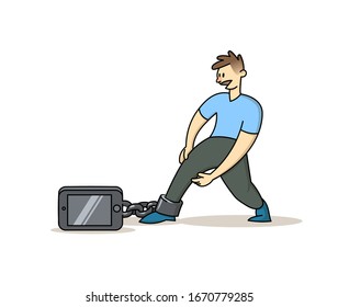 El hombre se encadenó a su smartphone y trató de alejarse de él. adicción al gadget, concepto de dependencia de los medios sociales. Ilustración vectorial plana, aislada en fondo blanco.