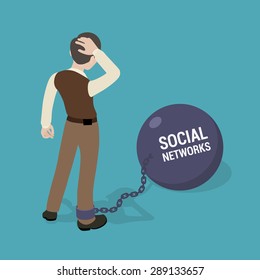 Man chained to a huge bowl with the inscription Social Networks. Conceptual illustration suitable for advertising and promotion